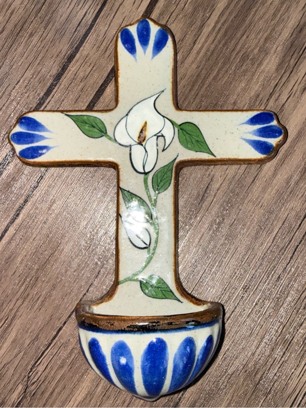 Hand-Painted White & Blue Ceramic Wall Cross with Floral Motif